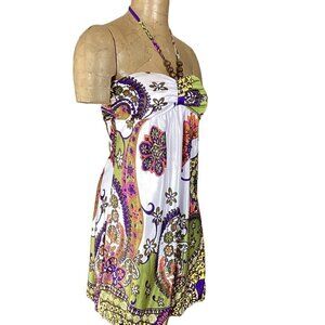 Ruby Rox Halter Dress Sz S Satin Floral Paisley Wood Bead Accent 264C